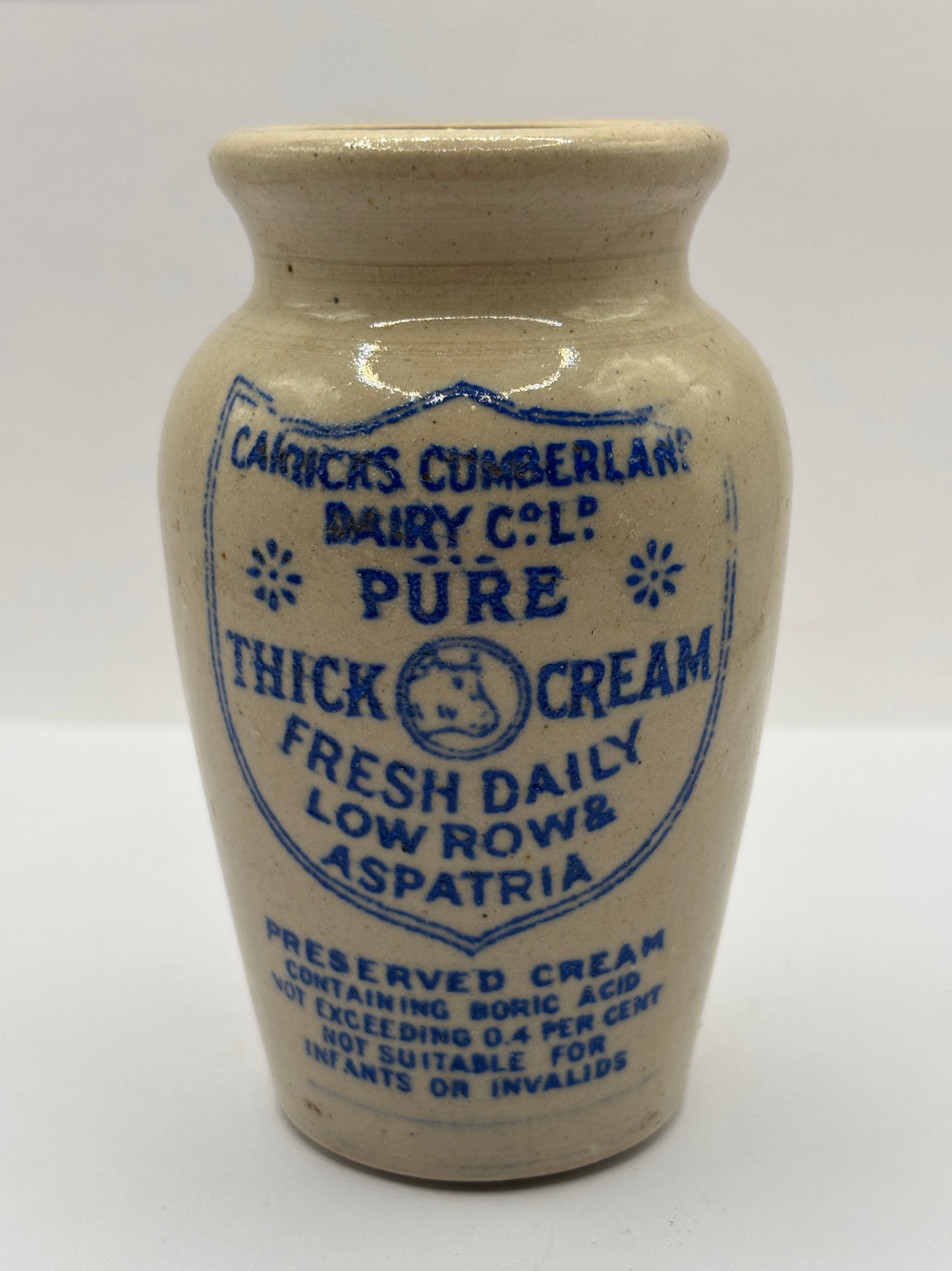 Old advertising cream pot, Carricks Cumberland dairy. Pure thick cream. Aspatria variation