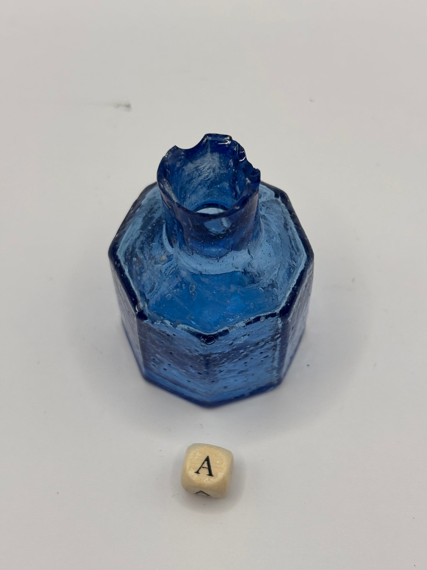 Old blue glass inkwell, ink bottle, penny ink (a)