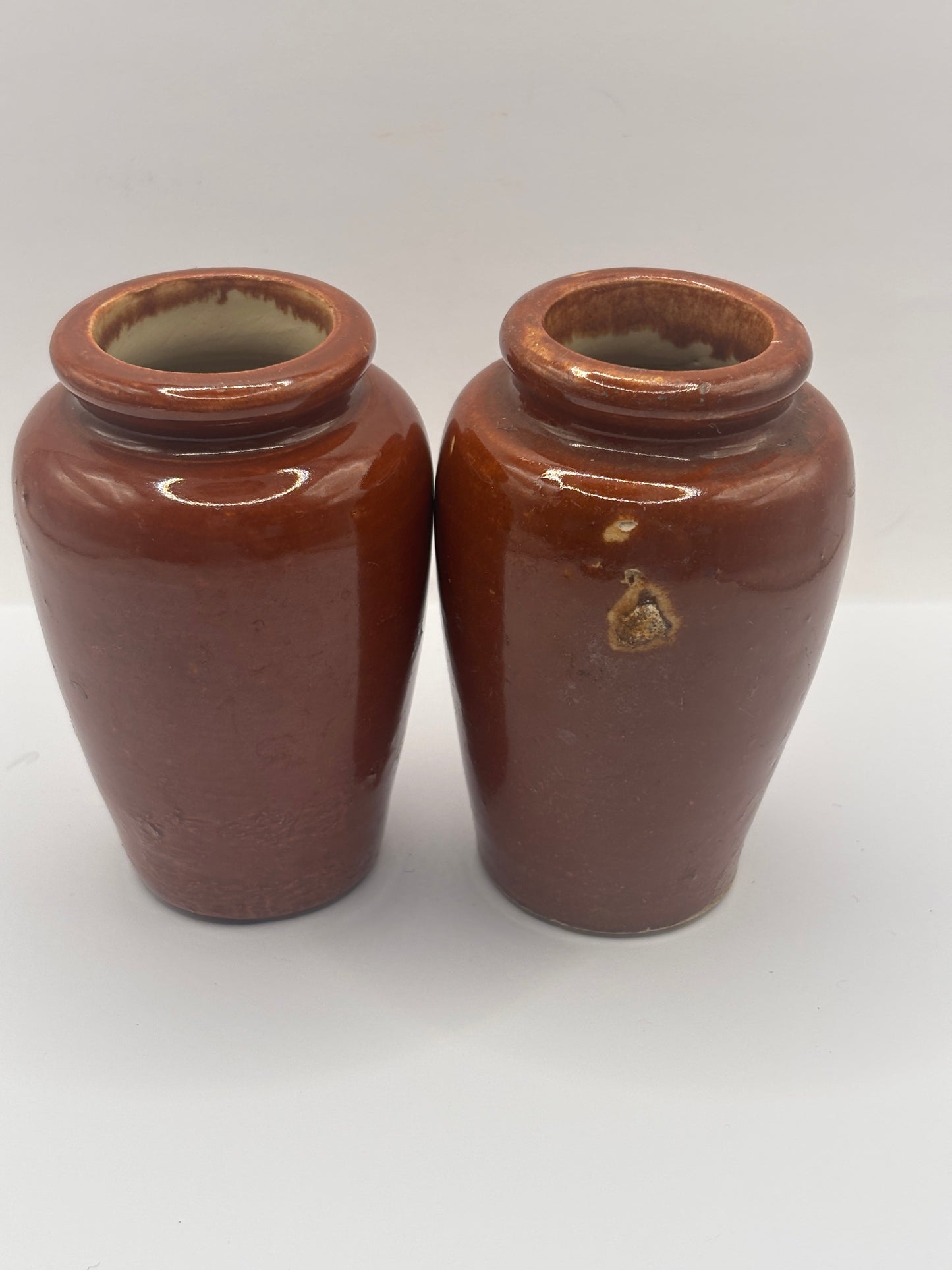 2 Old plain brown stoneware cream pots