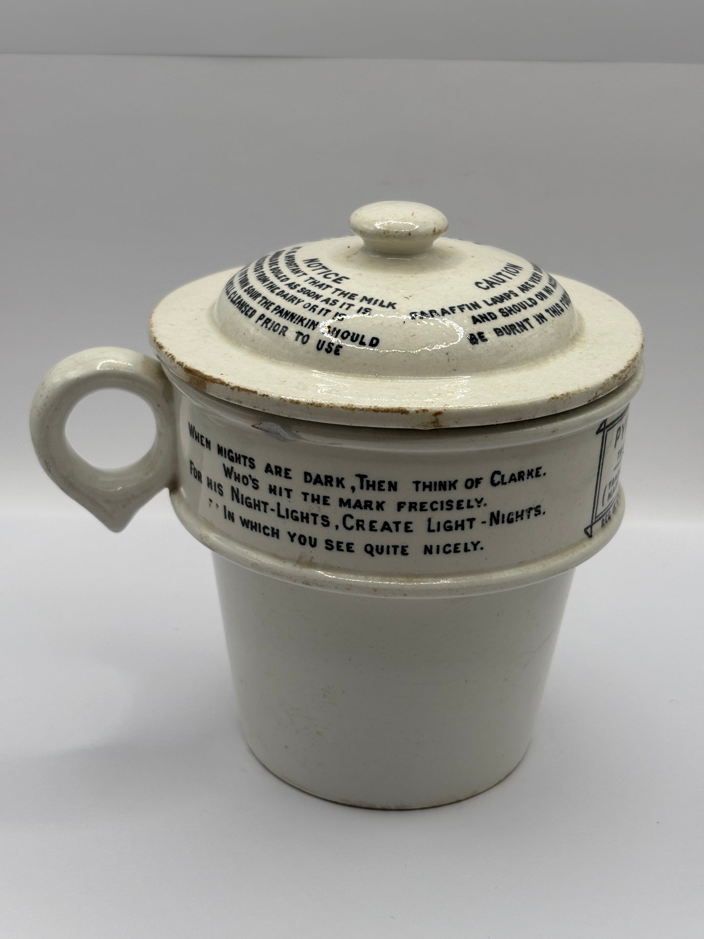 Old stoneware advertising food warmer. Clarkes Pyramid food warmer. Damaged/repaired