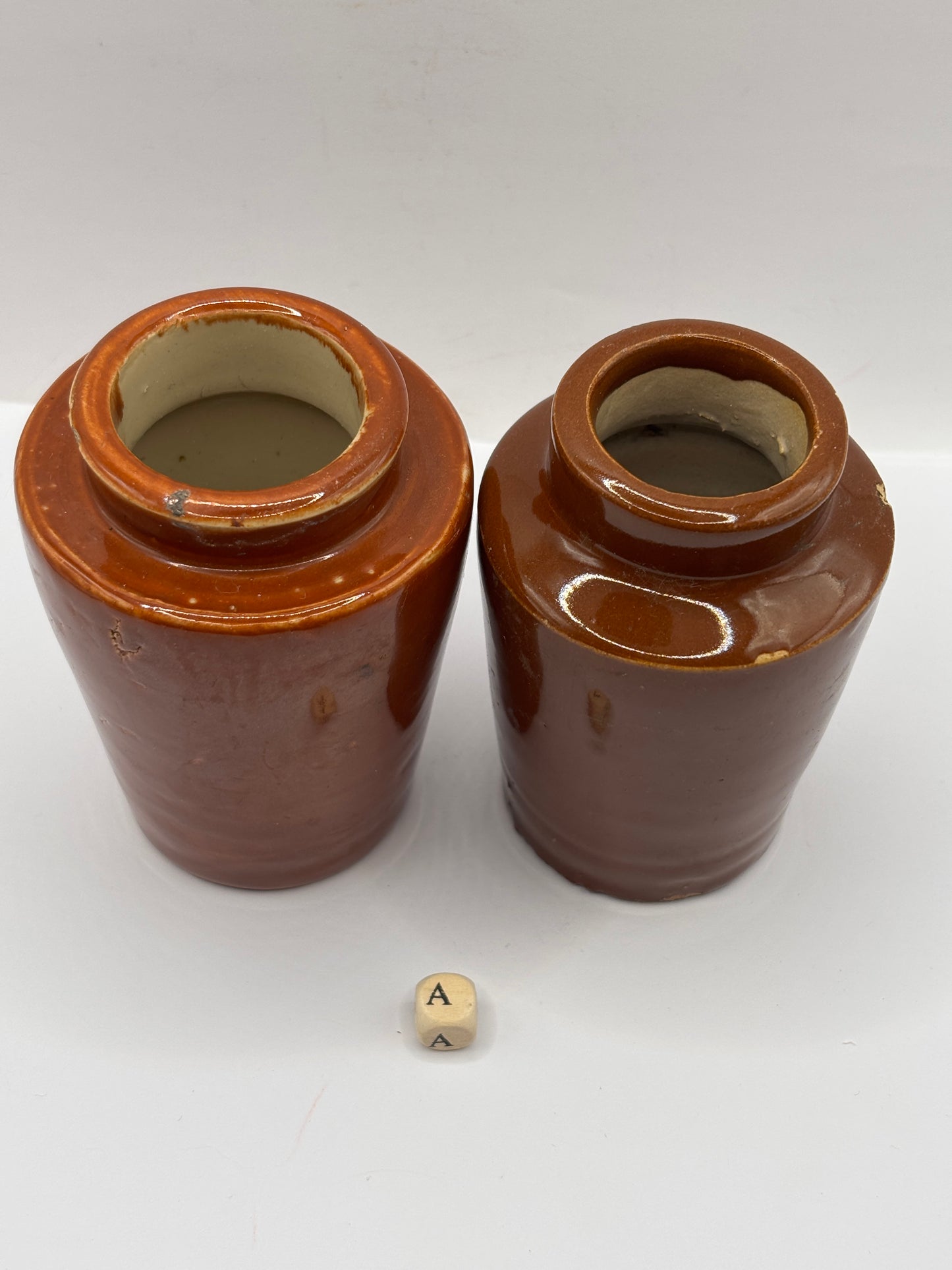 2 old small brown stoneware cream pots (a)