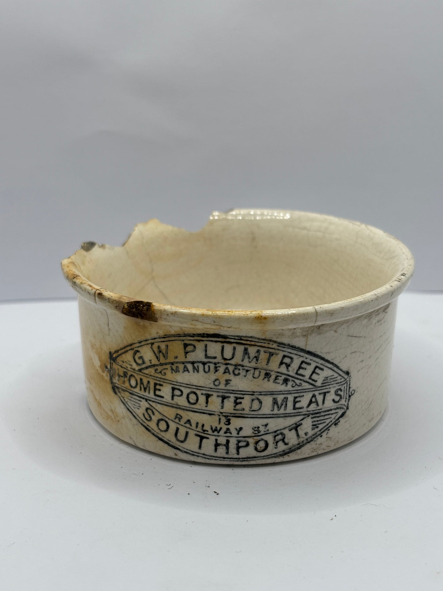 Plumtree home potted meats advertising pot. Damaged