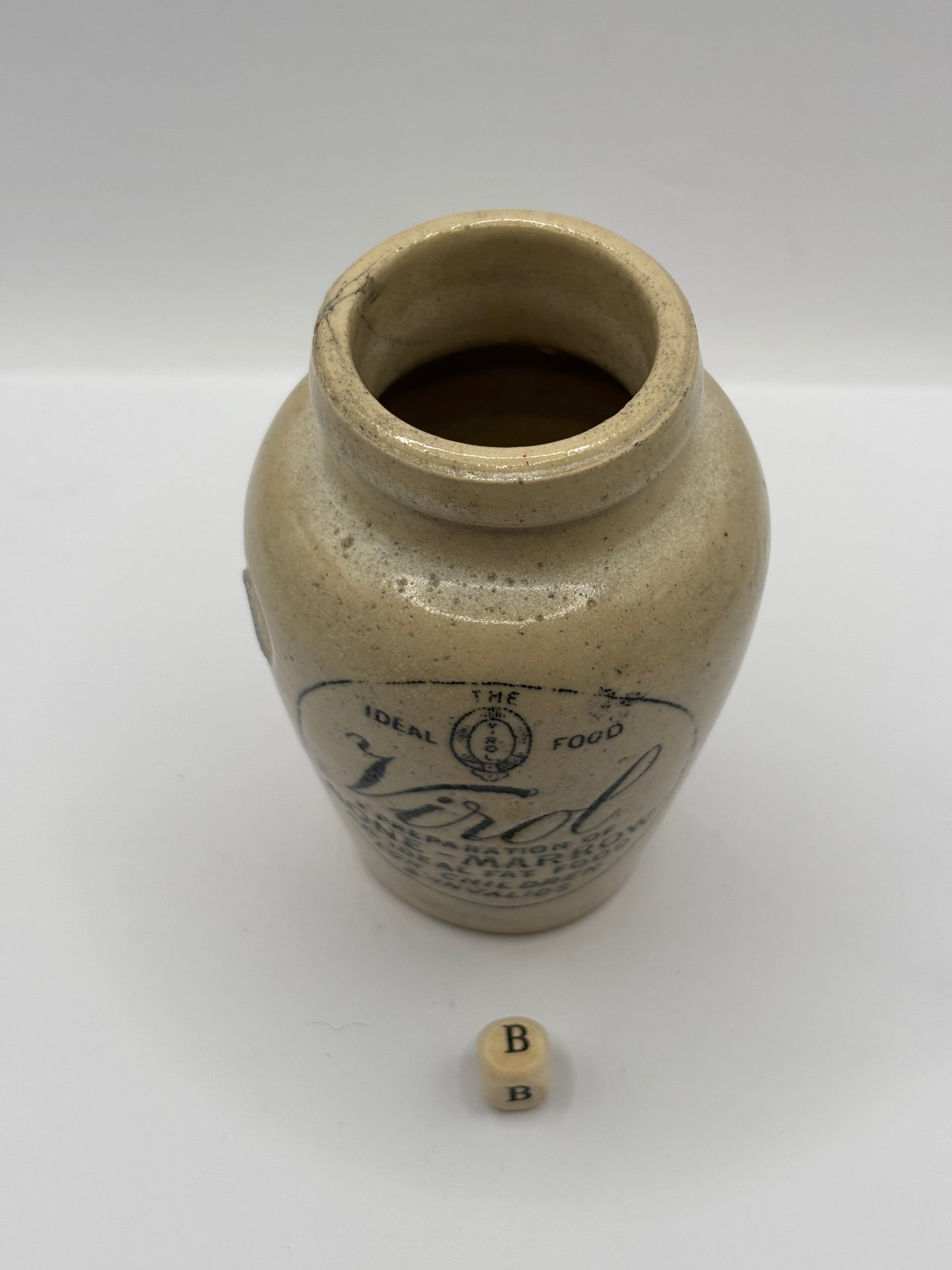 Old stoneware advertising Virol jar 10cms (B)