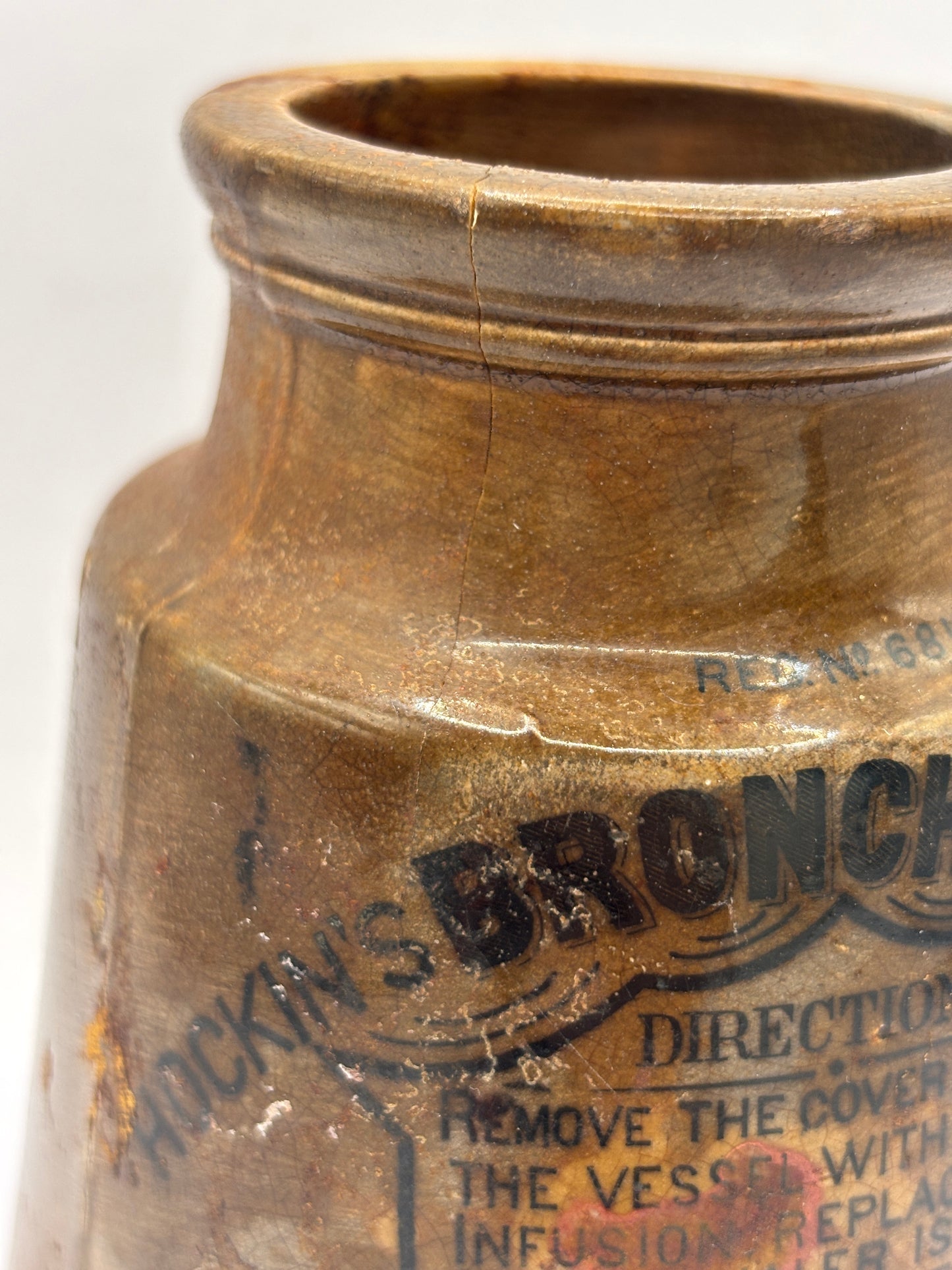 Old stoneware advertising inhaler, Hockins Bronchial inhaler
