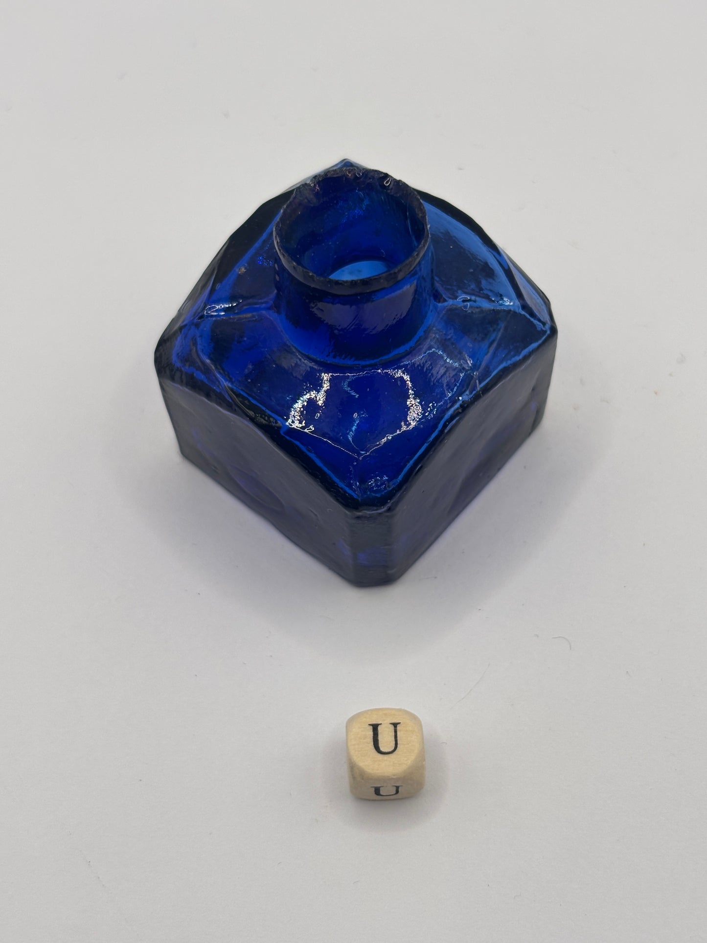Old cobalt blue glass ink bottle, inkwell (u)