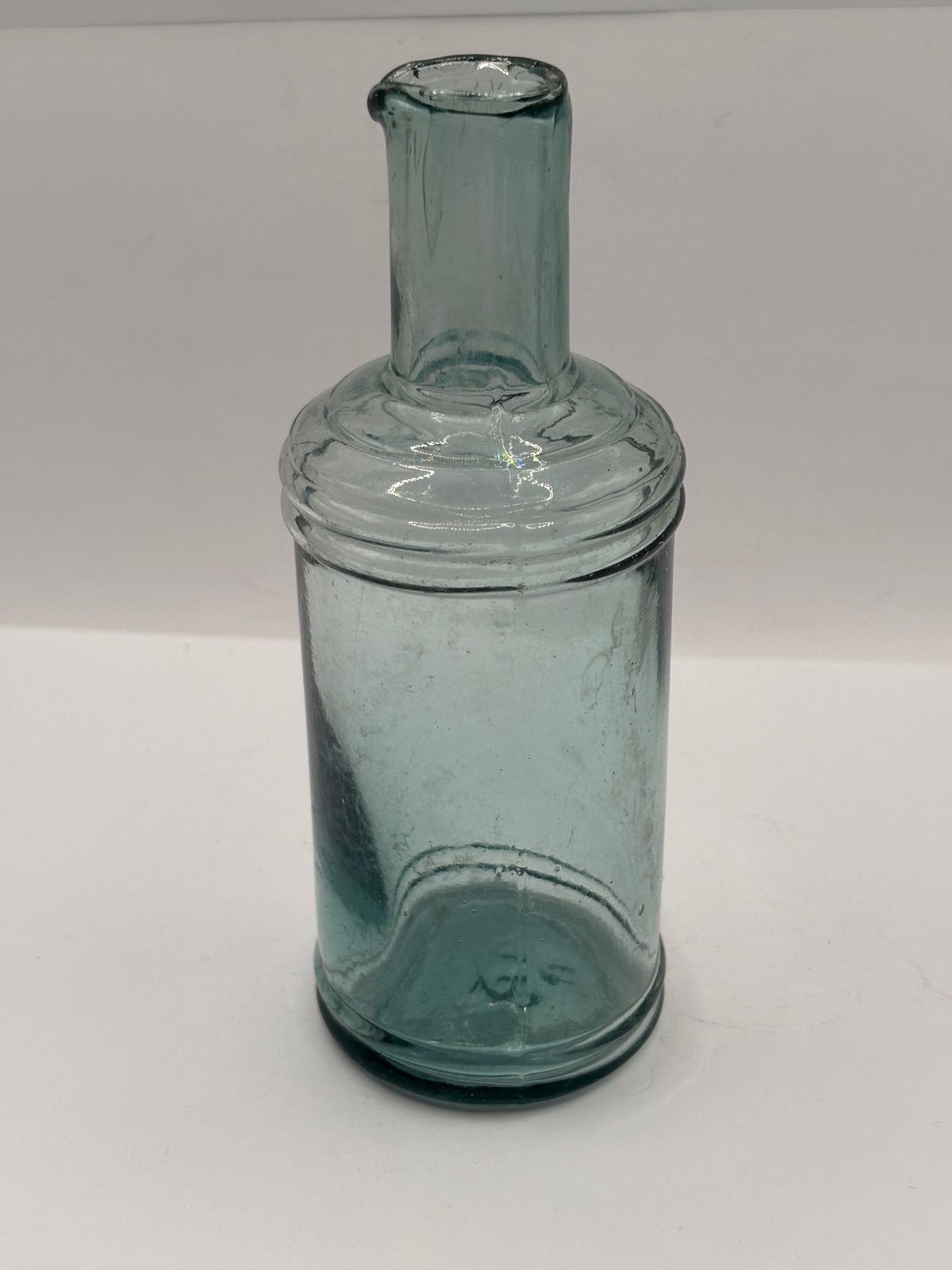 Old tall aqua glass inkwell, ink bottle, pouring ink 14.5cms