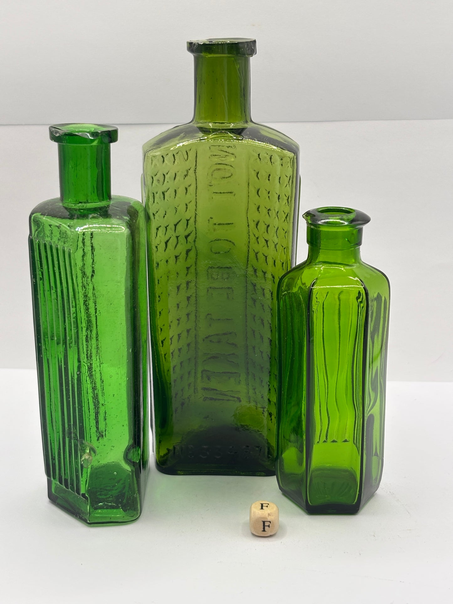 3 old green glass poison bottles, chipped (F)