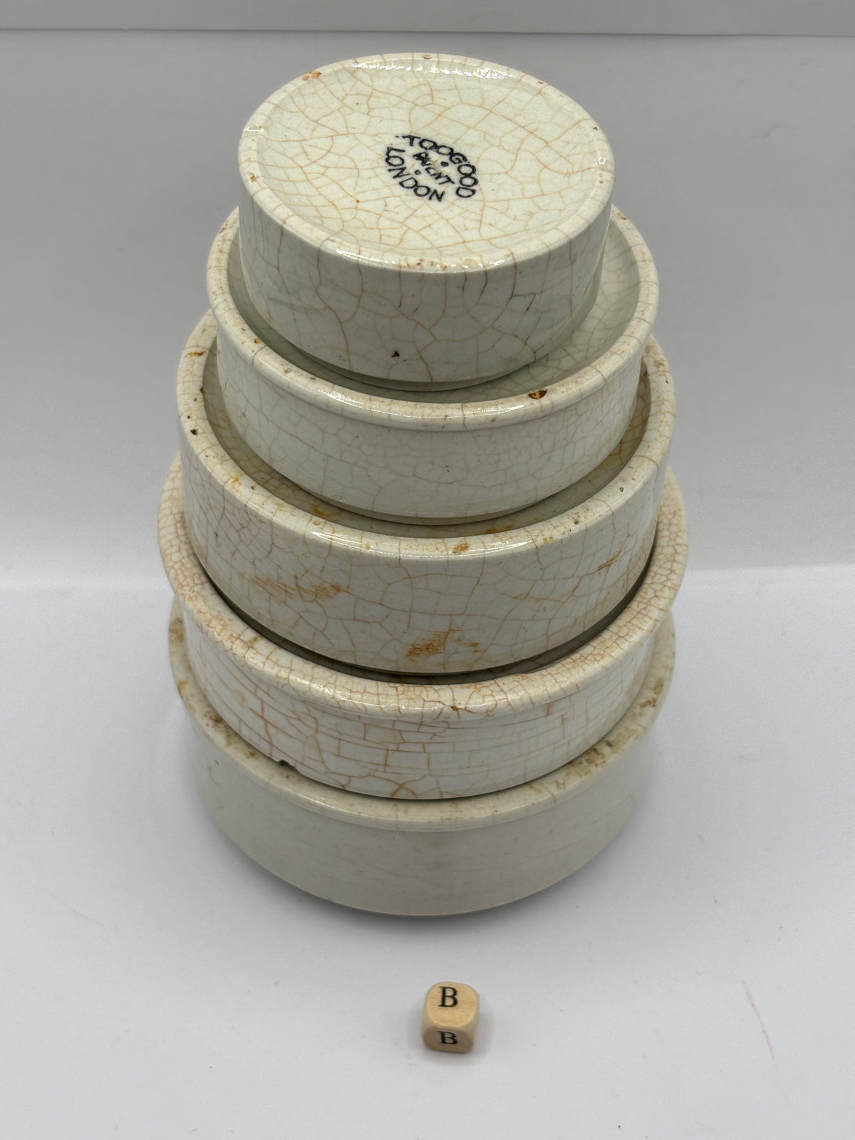 5 old stoneware pot lid bases, stackers (B)