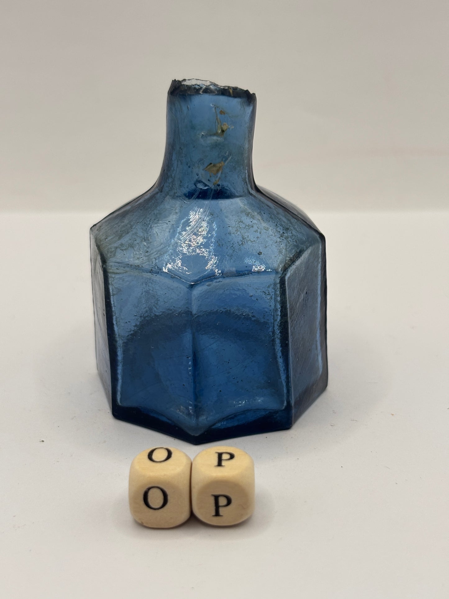 Old blue glass ink bottle, inkwell, penny ink (OP) slight swirls