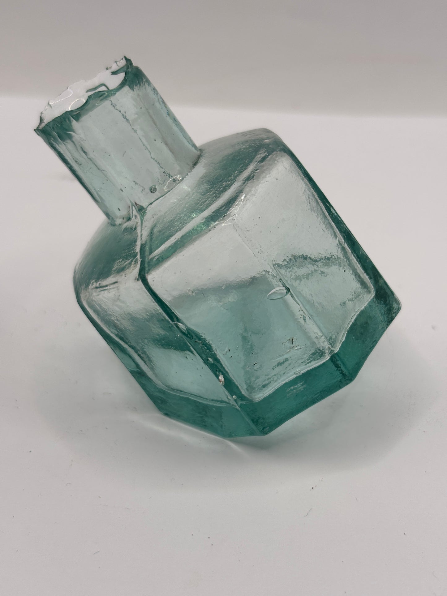Old aqua glass inkwell, tipper ink, ink bottle, penny ink