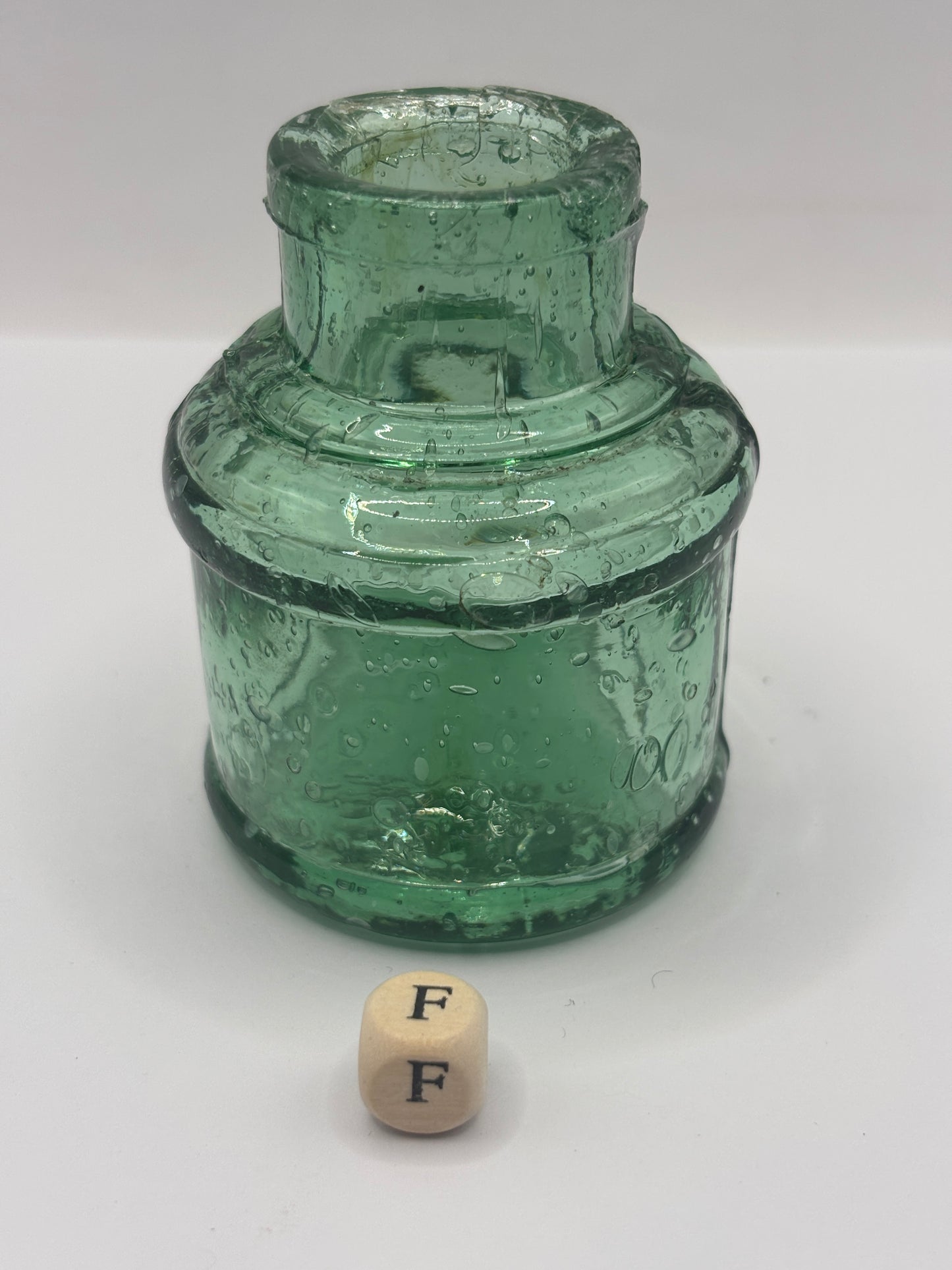 Old glass ink bottle, inkwell (F)
