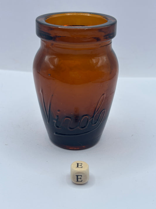 Old amber glass Virol jar (e) 8cms
