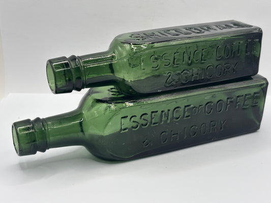2 Old green glass essence of coffee bottles