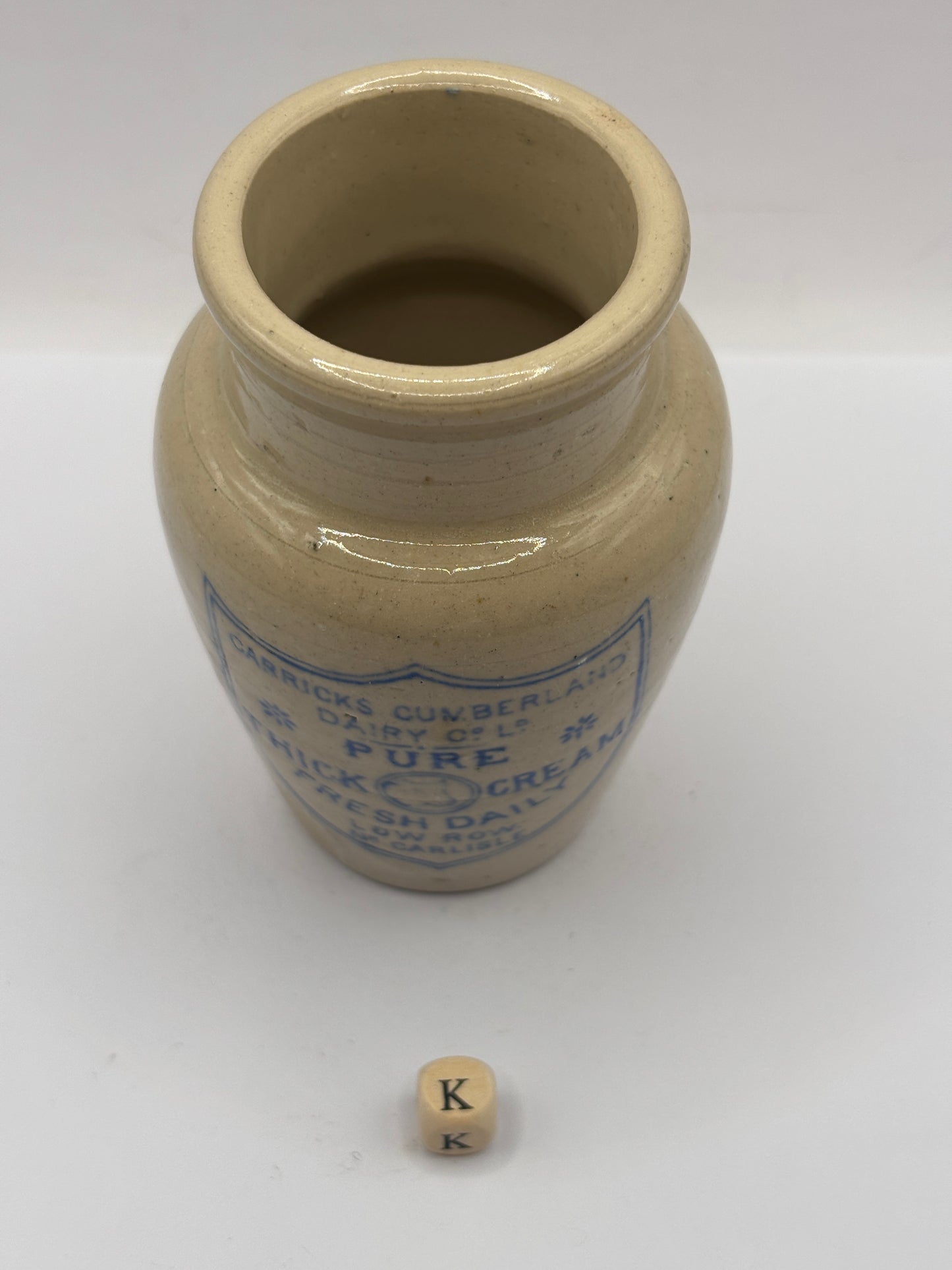 Old advertising cream pot, Carricks Cumberland dairy. Pure thick cream (k)