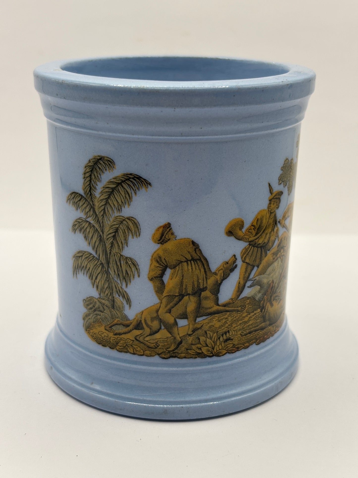 Old blue pictorial Prattware stoneware jar. Diamond reg to bottom