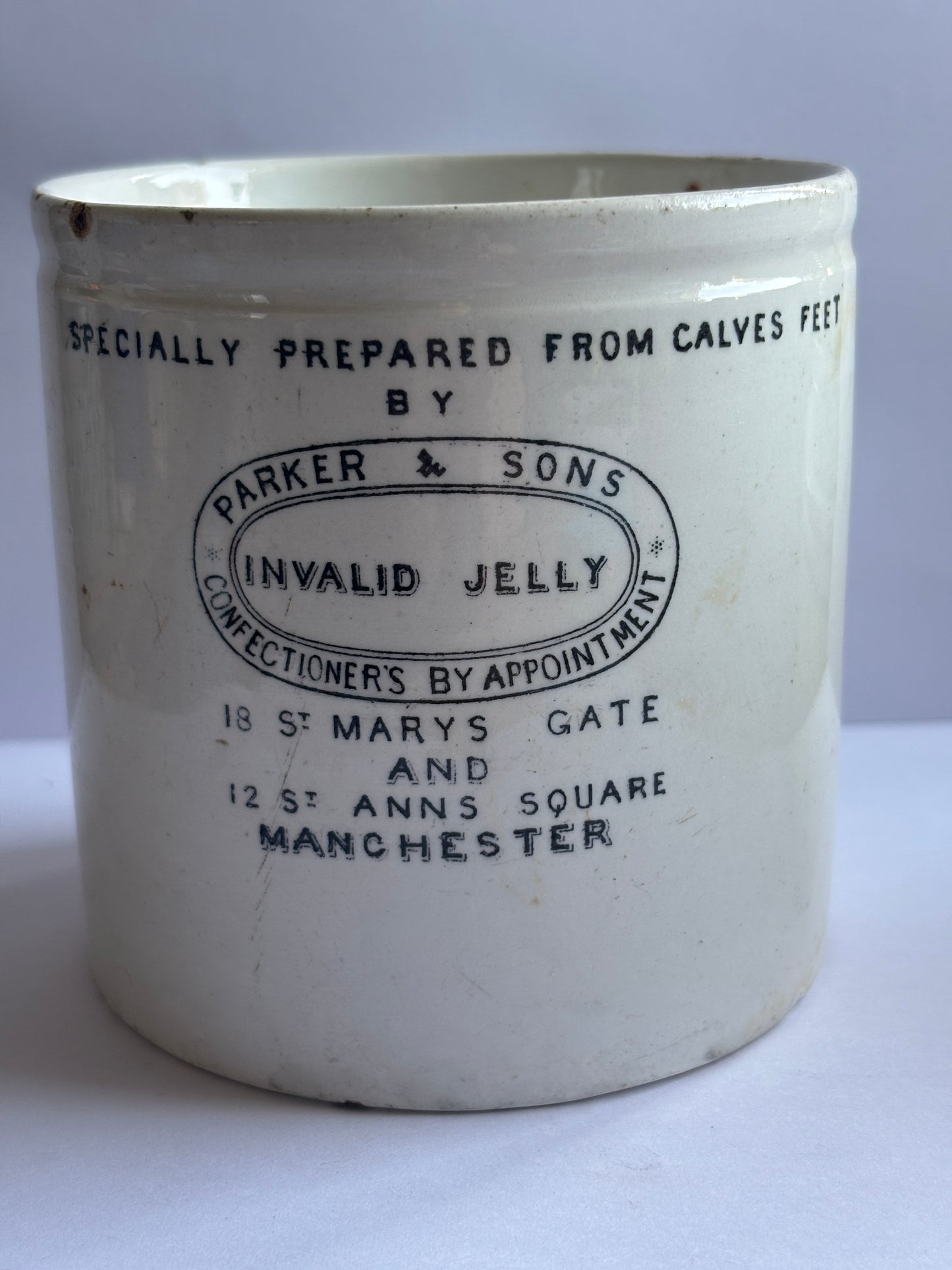 Old ironstone advertising jar, parker & sons Invalid jelly