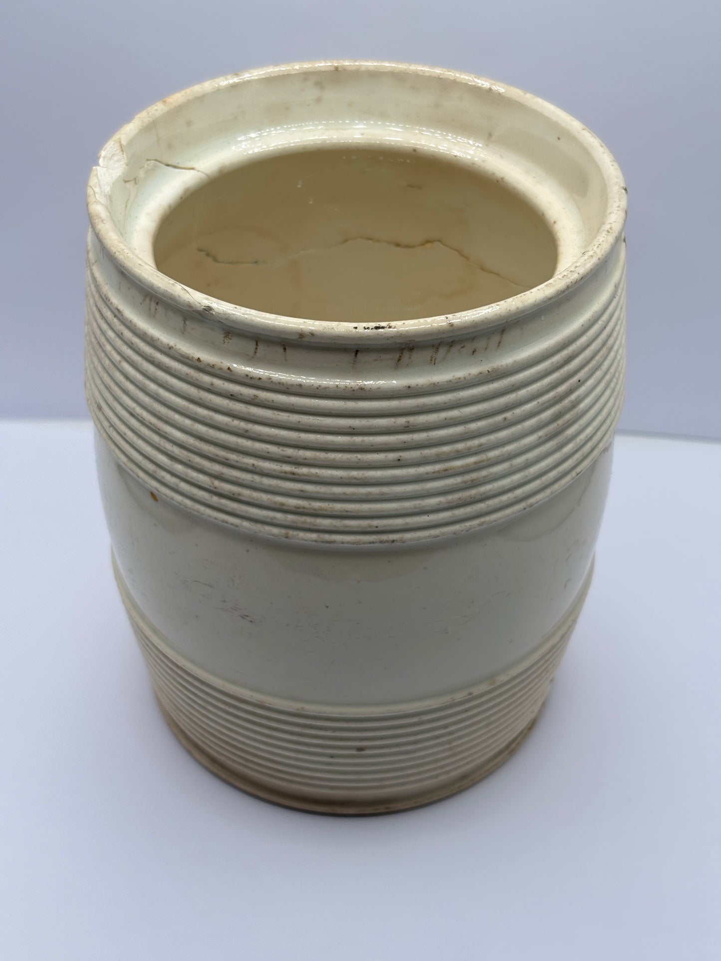 Old french stoneware advertising jar, Rillettes de tours. Damaged