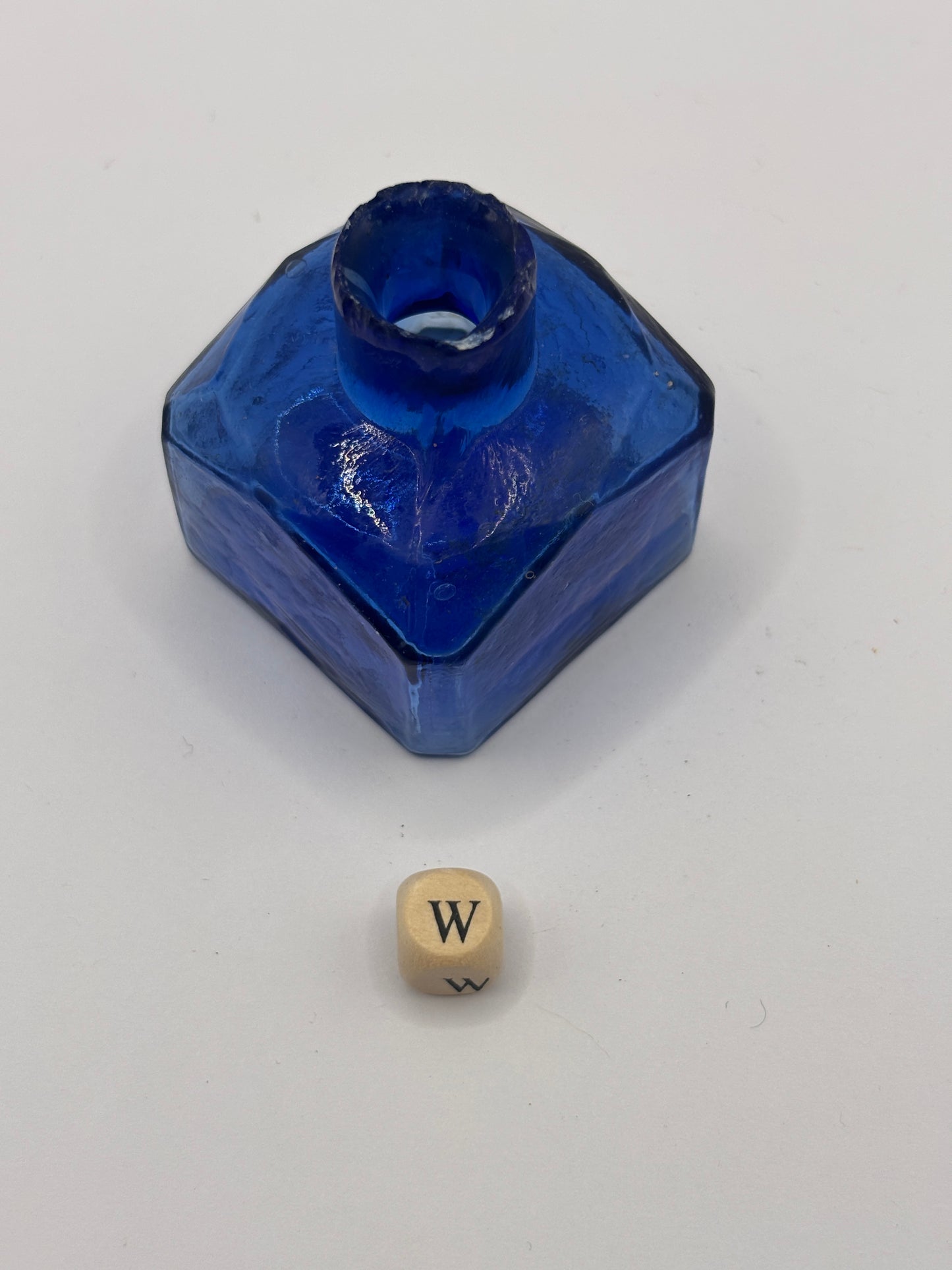 Old blue glass ink bottle, inkwell, penny ink (W)