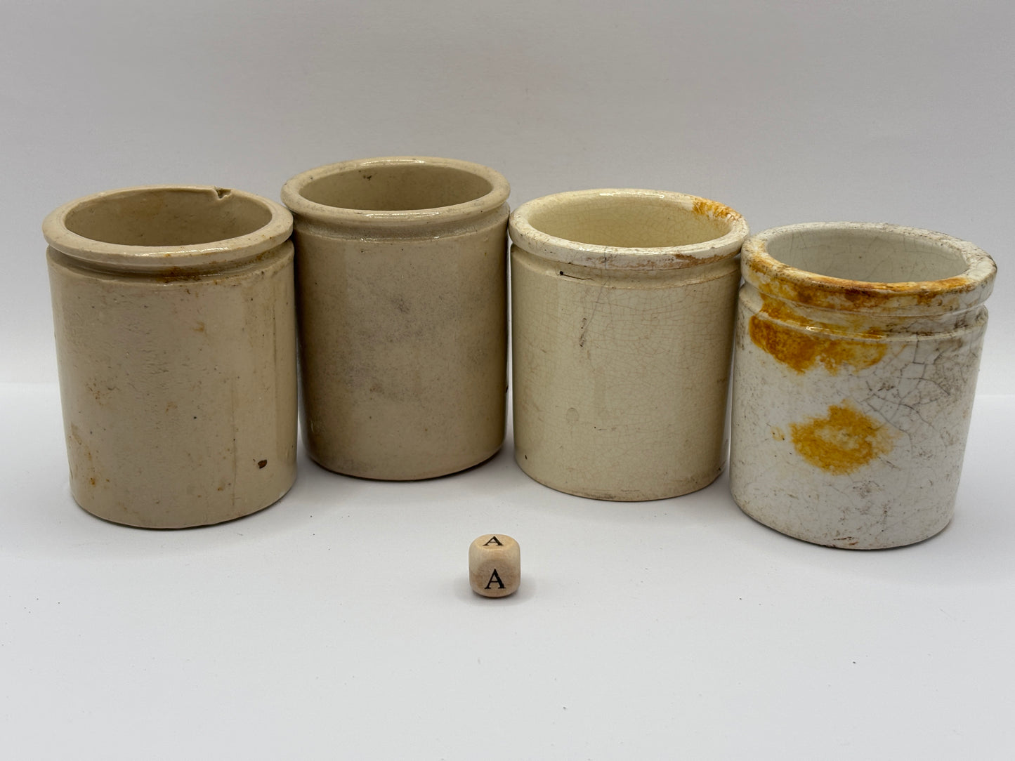 4 old small stoneware jars & pots (A)