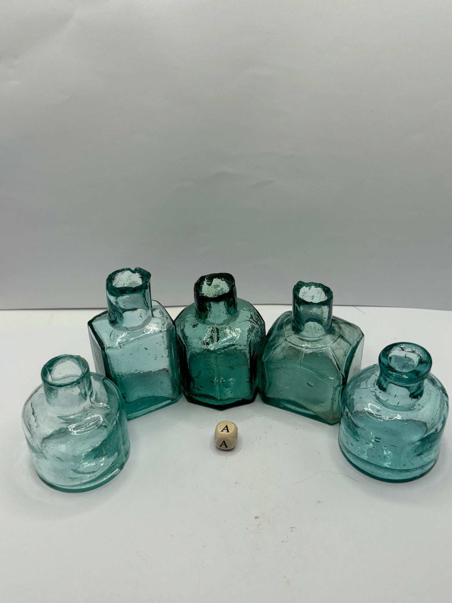 5 aqua glass inkwells (A)