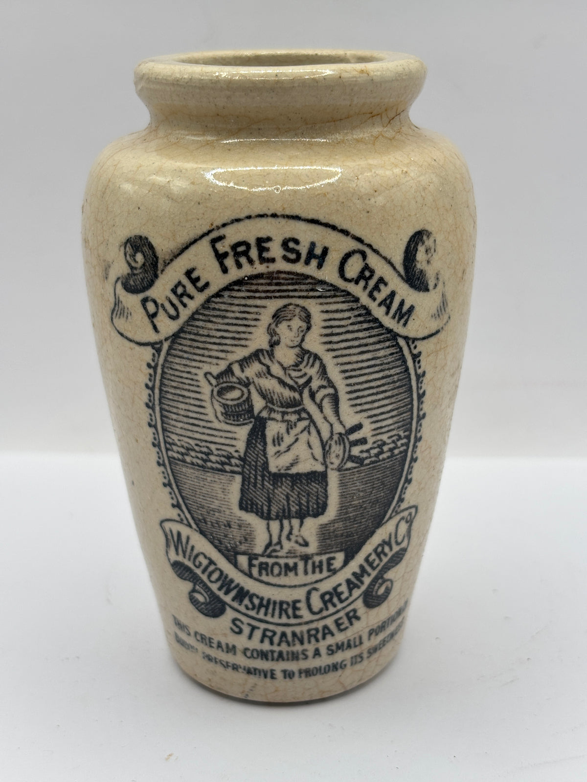 Old advertising cream pot, rich preserved cream stranraer, milkmaid