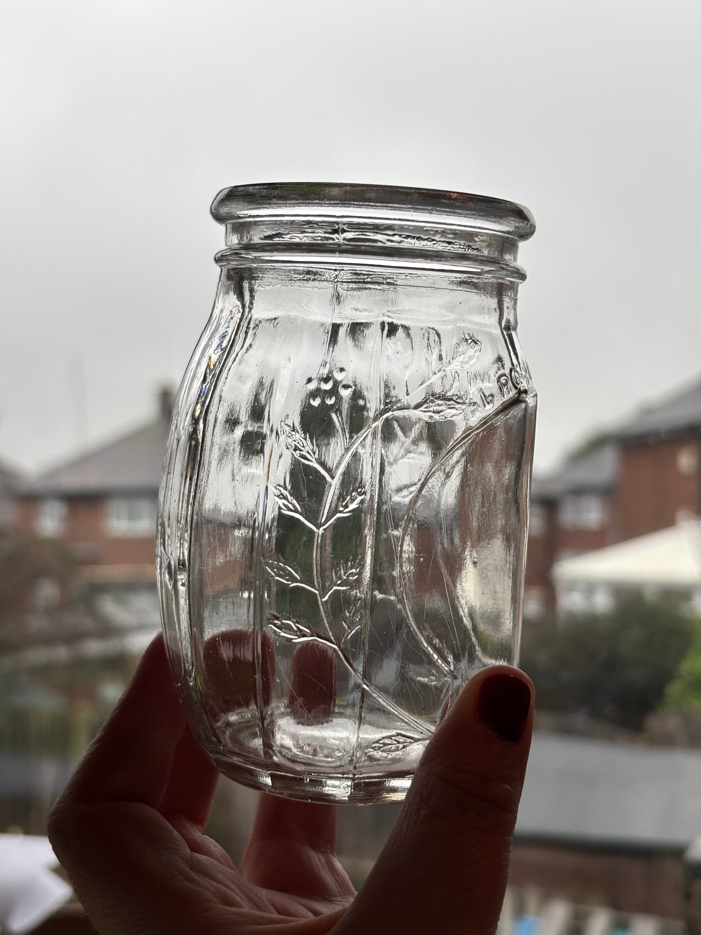 Old clear glass jar, Roses