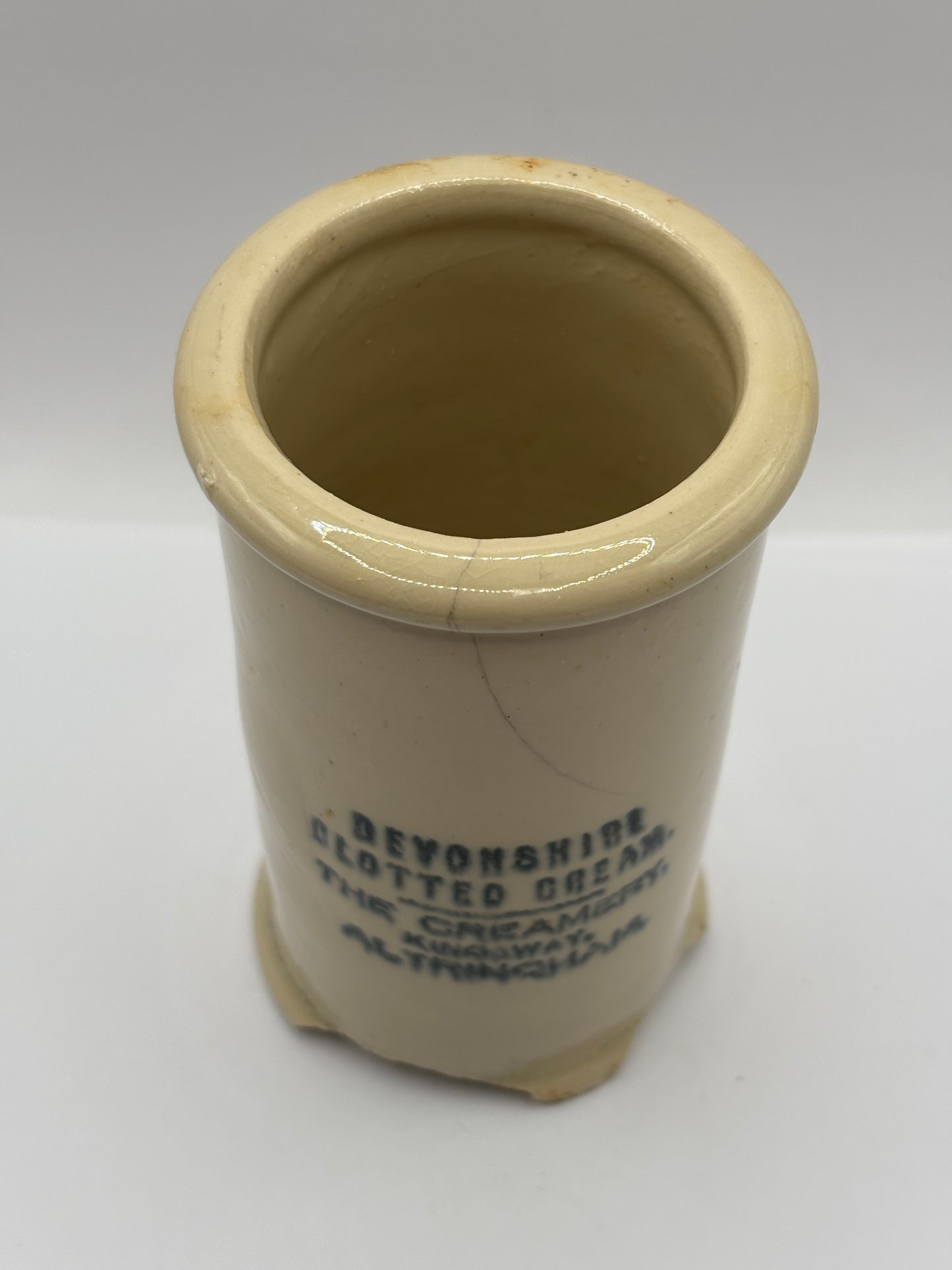 Old advertising clotted cream pot, Devonshire clotted cream, damaged
