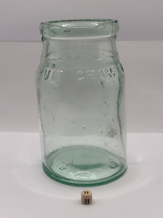 Old aqua glass pickle jar (H) Fruit growers