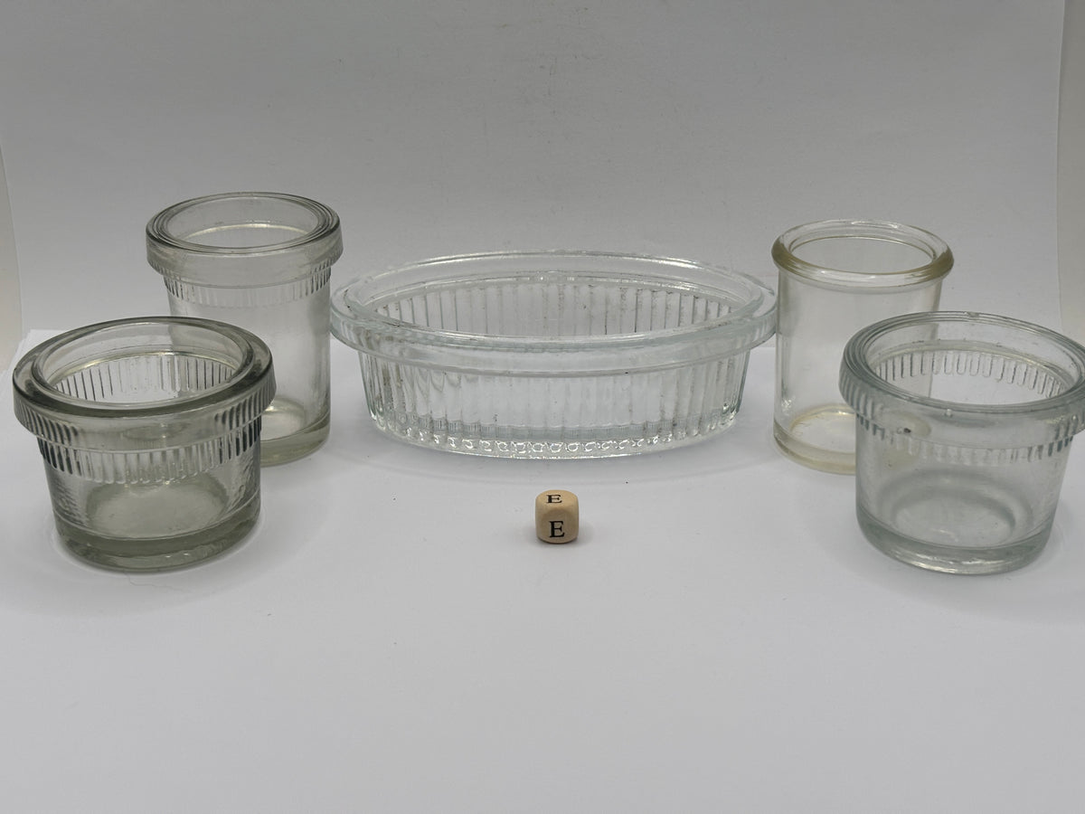 5 old clear glass meat paste jars (e)