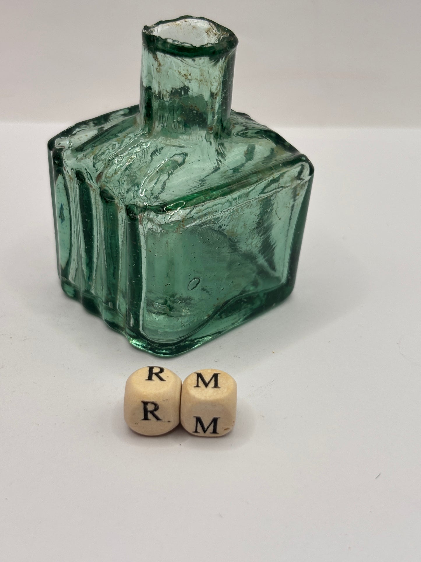 Old dark aqua/green glass ink bottle, inkwell, penny ink (RM)