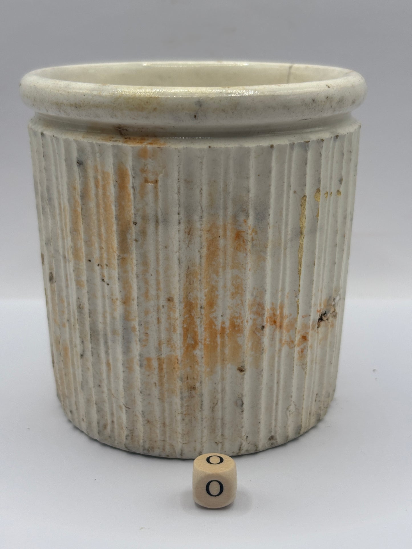Old early ribbed stoneware jam & marmalade pot. Hairlined