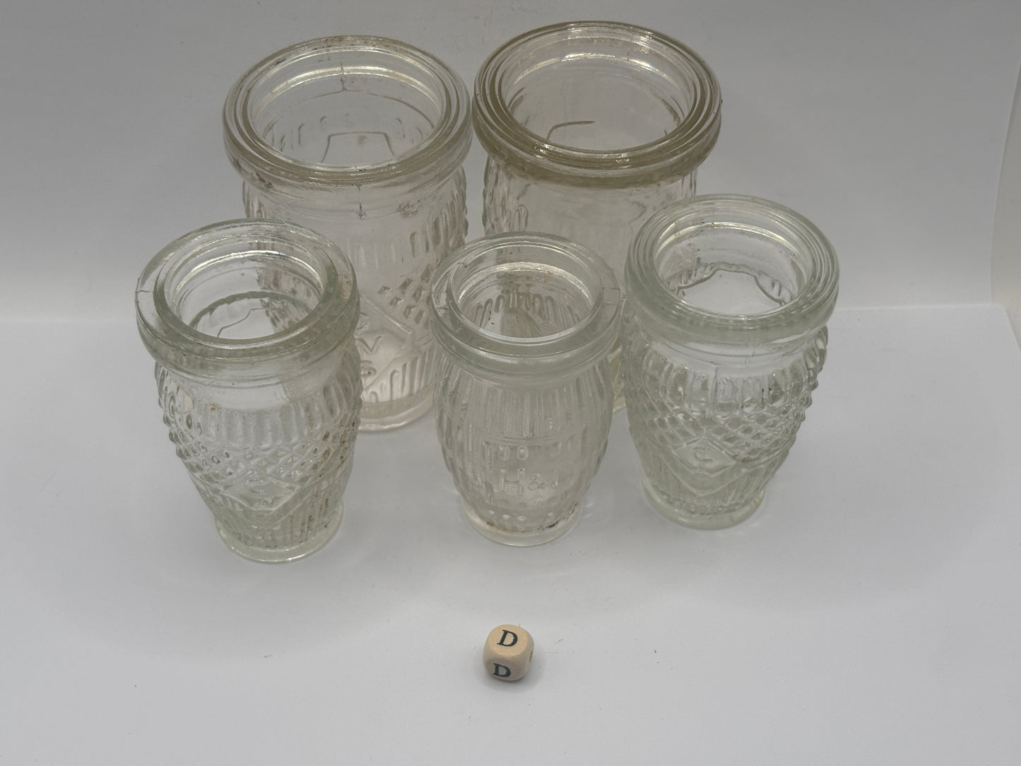 5 old clear glass meat paste jars (D)