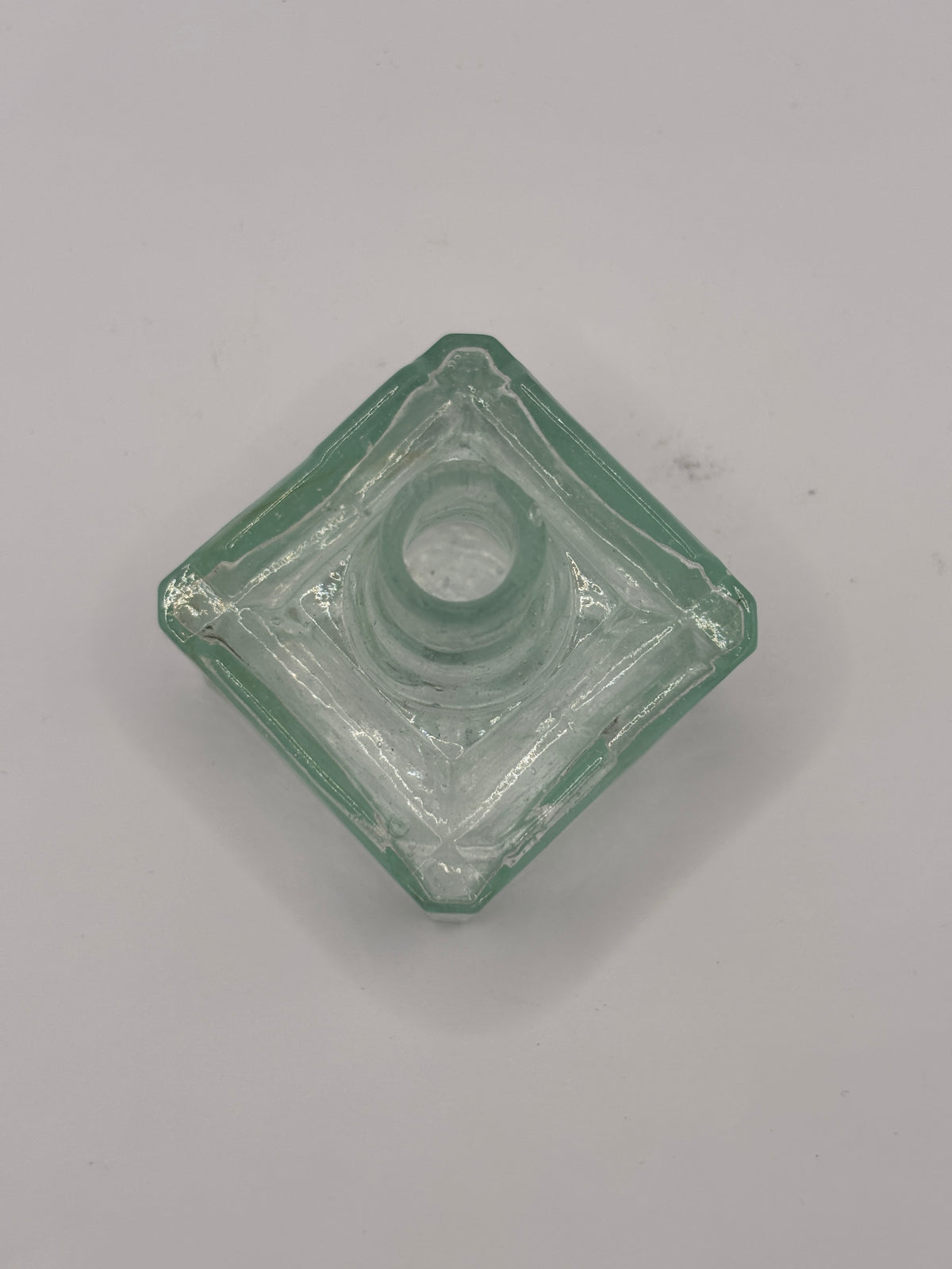 old aqua glass square ink,inkwells, ink bottle. FM & Co 4 pen rests