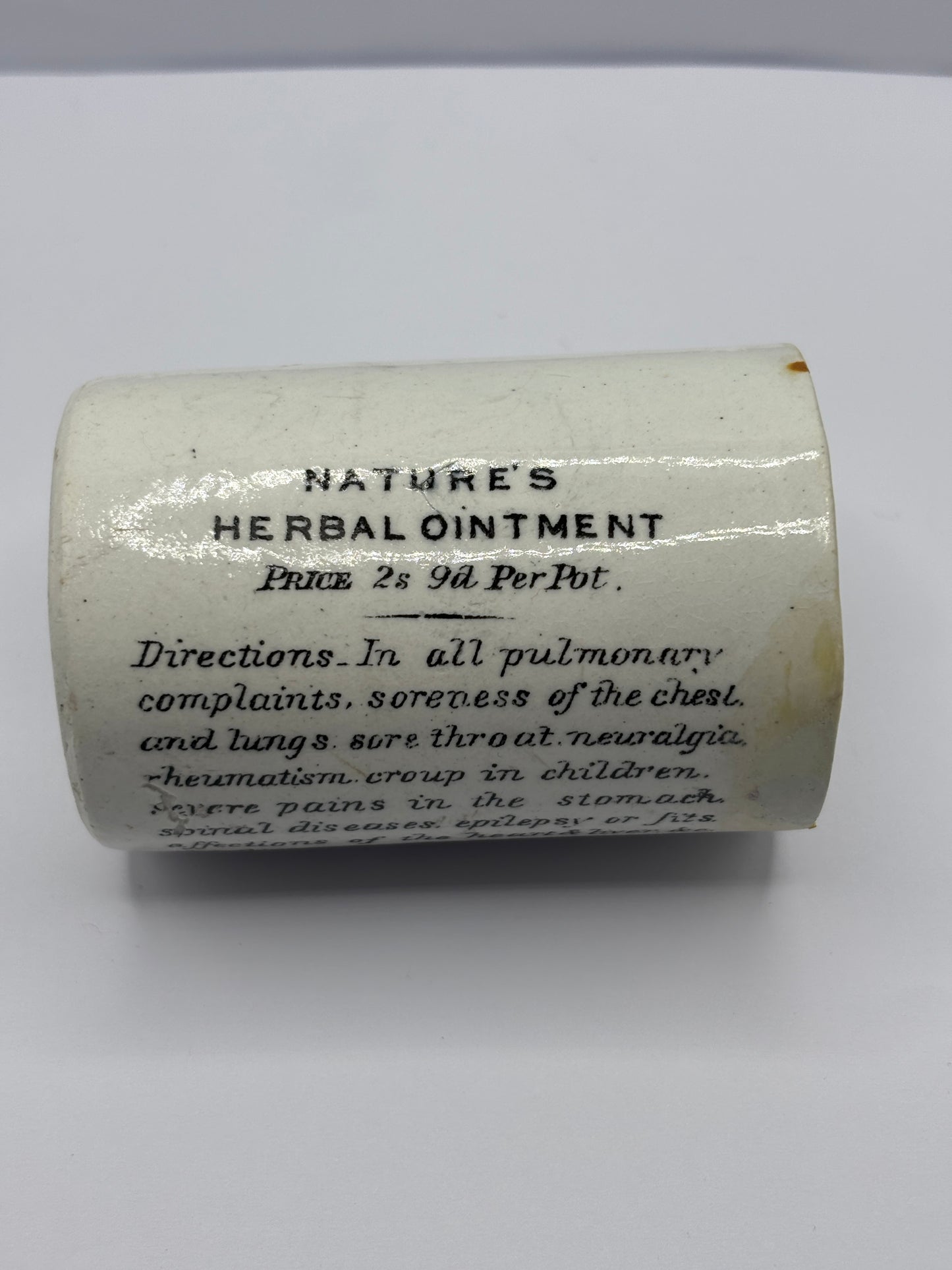 Old advertising ointment pot, Natures herbal ointment. Repaired