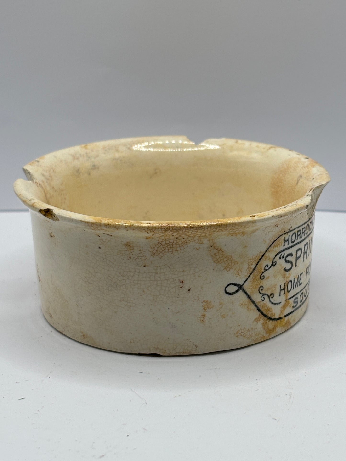 Springfield potted meats advertising pot. Damaged