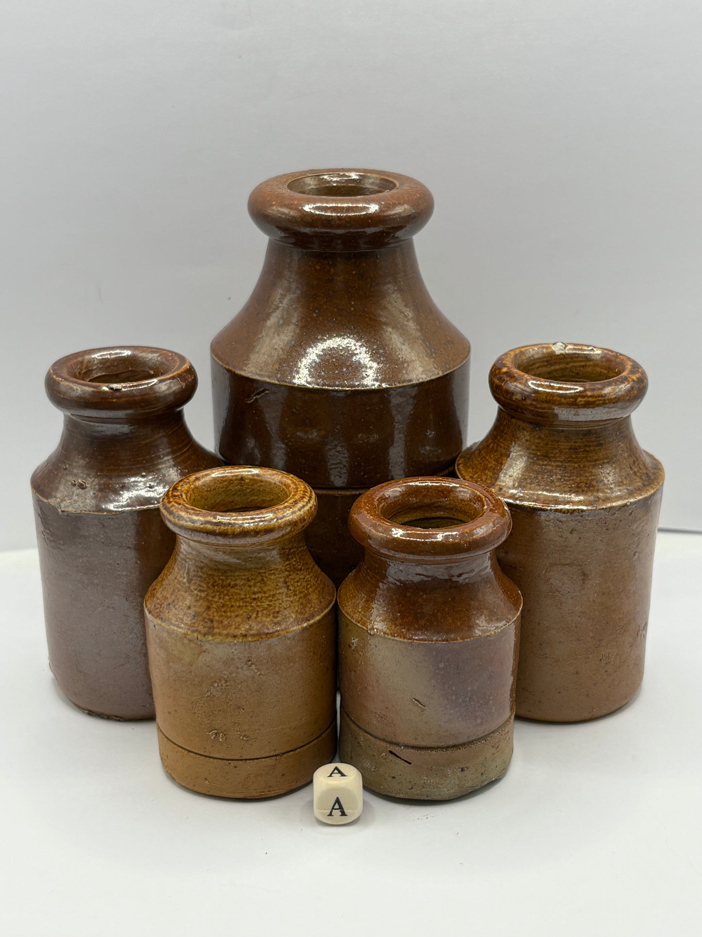 5 old brown stoneware pots (a)