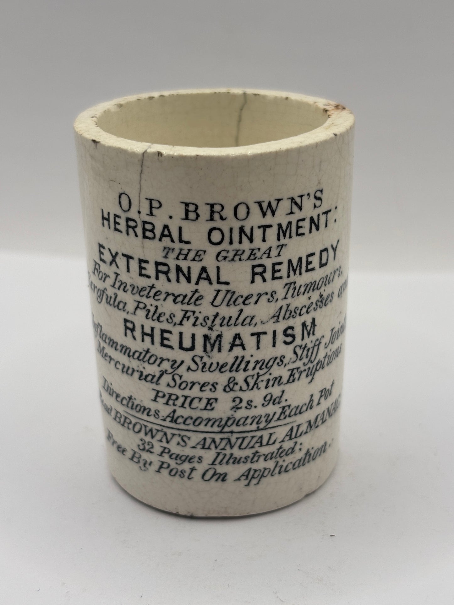 Old advertising ointment pot, OP Browns herbal ointment. The great external remedy