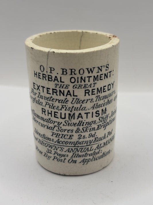 Old advertising ointment pot, OP Browns herbal ointment. The great external remedy