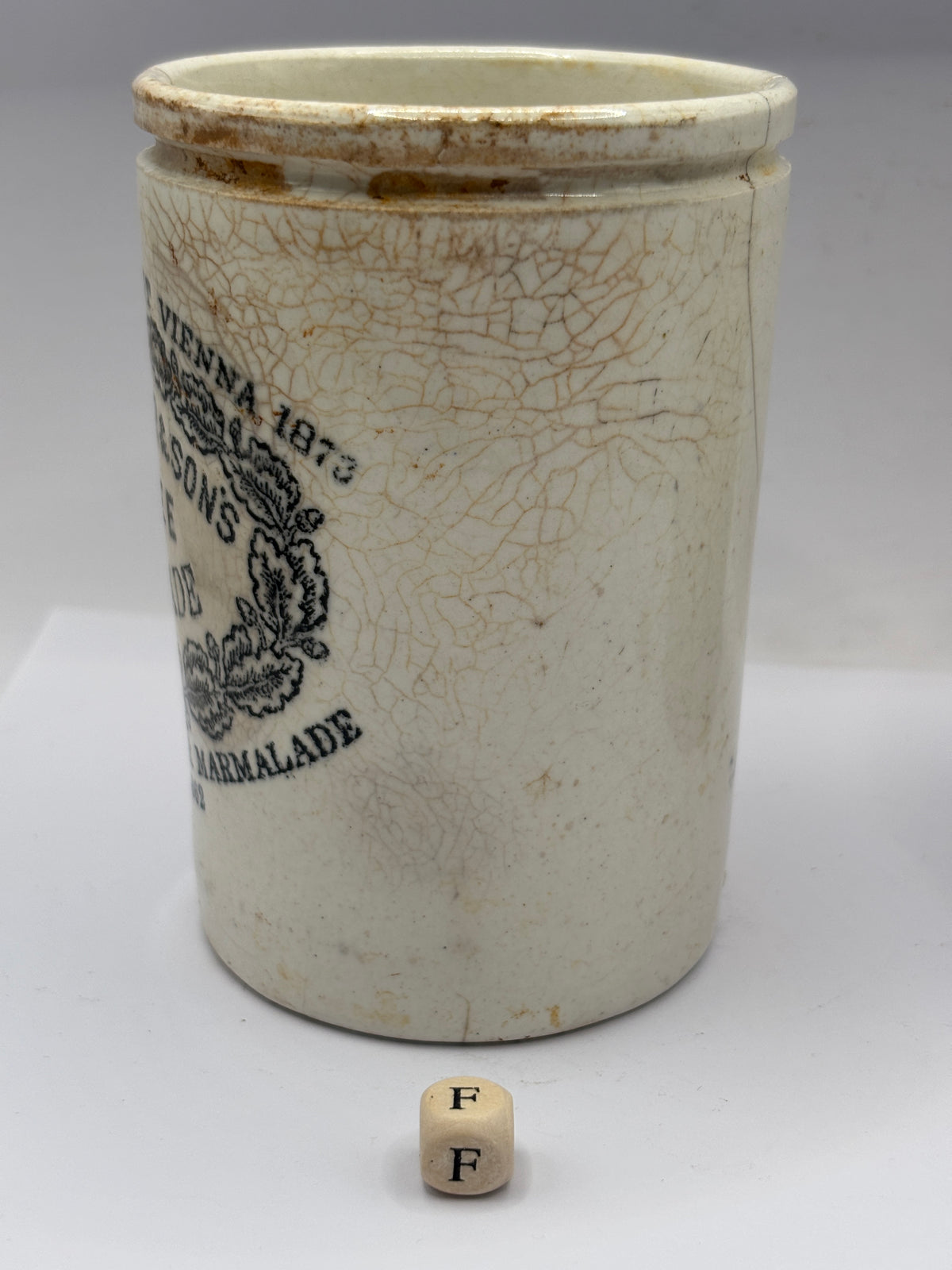 Old 1lb stoneware marmalade pot, James Keiller Dundee marmalade (F) damaged
