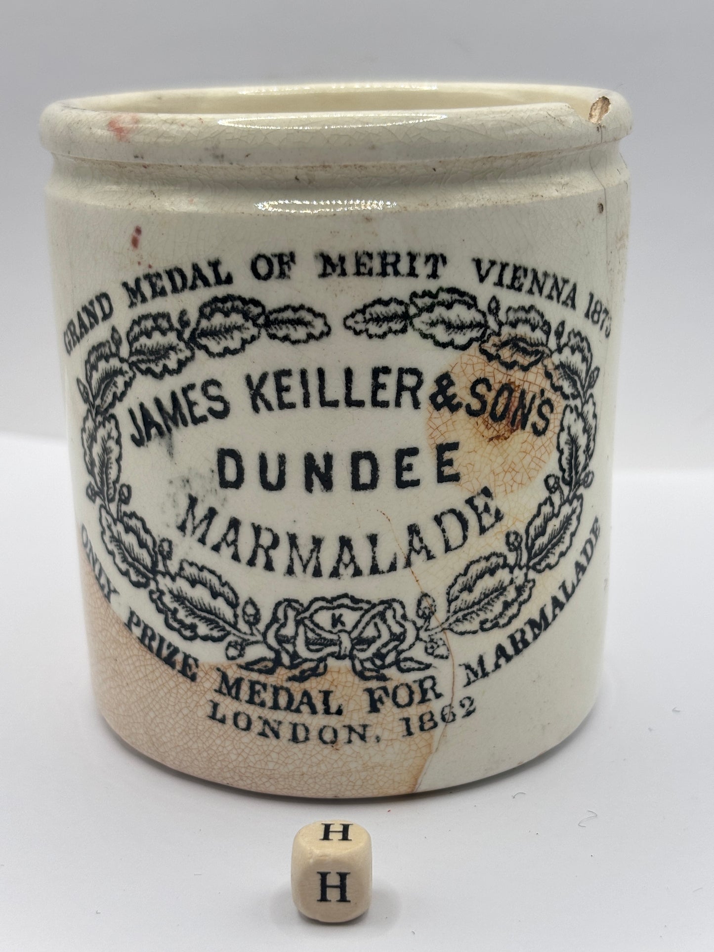 Old 1lb James Keiller Dundee marmalade Jar (H) damaged