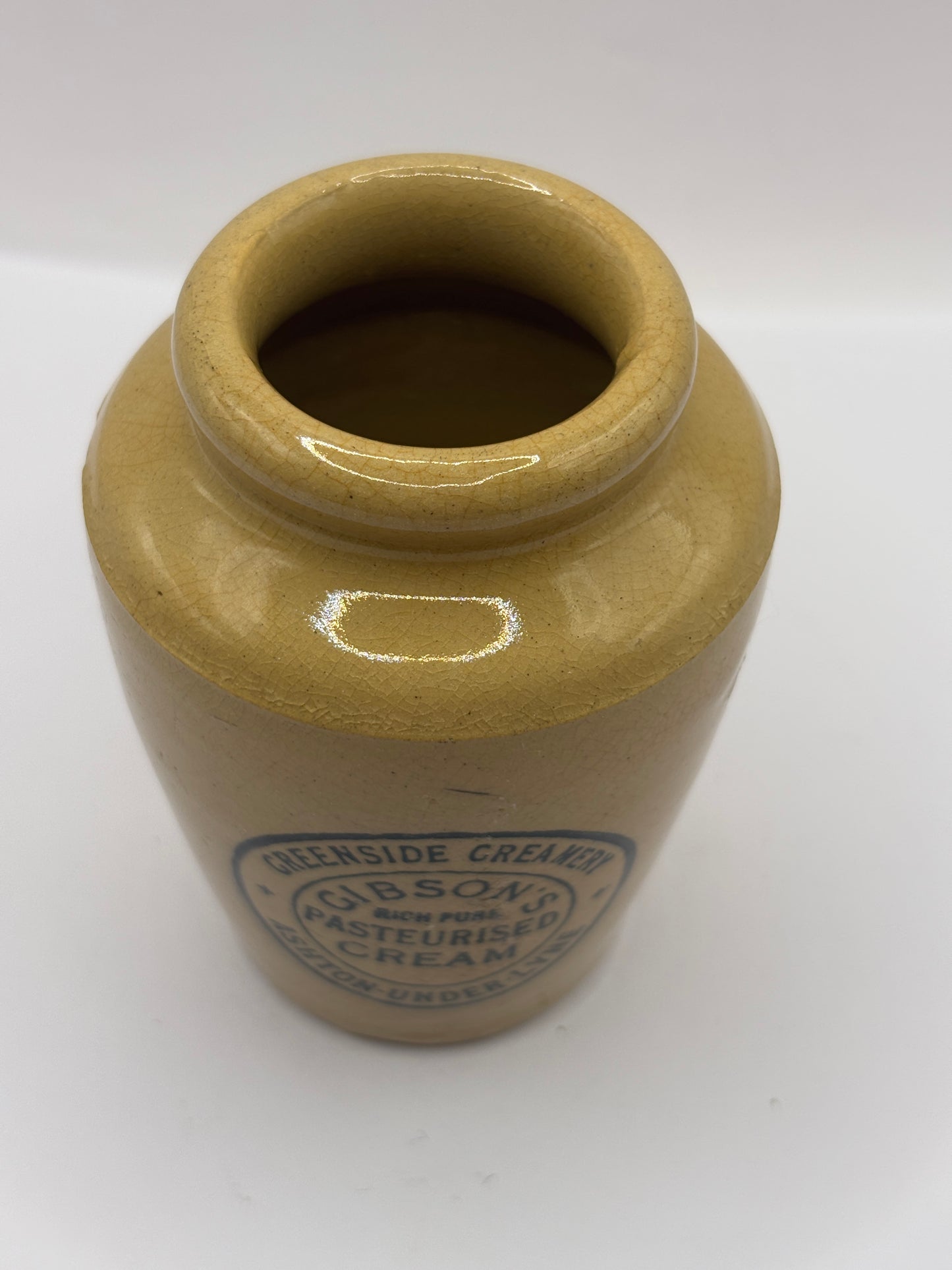 Old stoneware advertising cream pot, Greenside creamery. Gibsons rich pure pasteurised cream