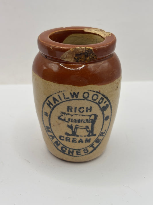 Old advertising cream pot, Hailwoods rich cream. Damaged