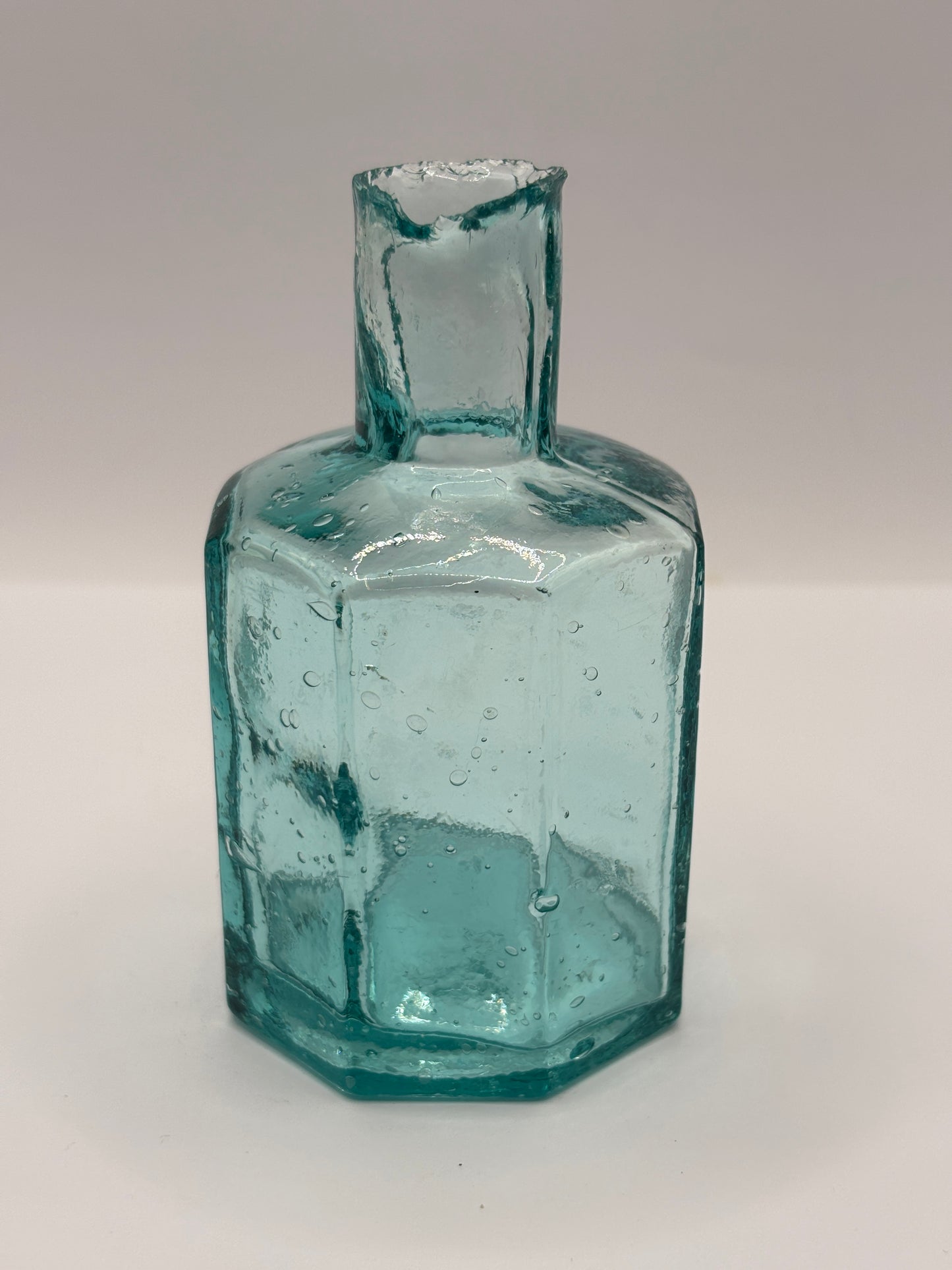 Old large aqua glass inkwell, ink bottle, penny ink